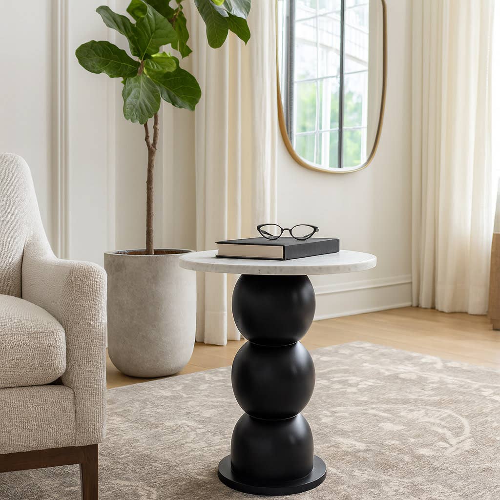 End Table - White Marble Top with Wooden Bubble Base, 21 in.