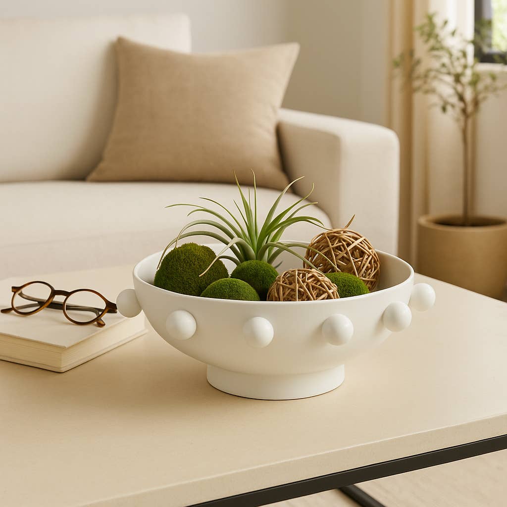 White Iron/Fir Wood Hobnail - Decorative Bowl, 11"
