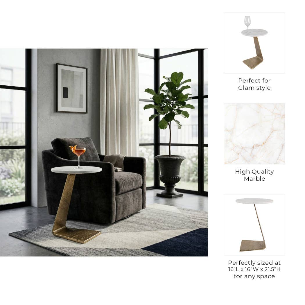 Sally - White/Gold Marble Top with Slanted Base Side Table, 21 in.