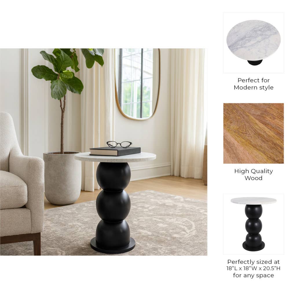 End Table - White Marble Top with Wooden Bubble Base, 21 in.
