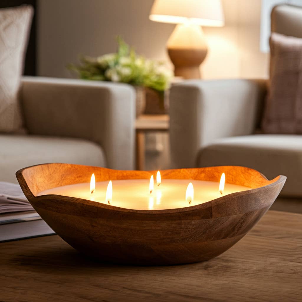 Bowl Candle - Brown Wood Wax Vanilla Scented Curvy, 14 Oz