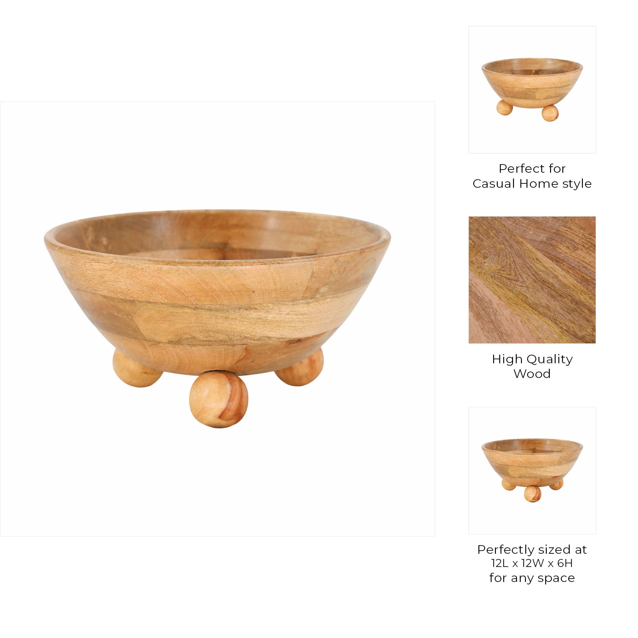Mango Wood Bowl with Rounded Feet, 12"