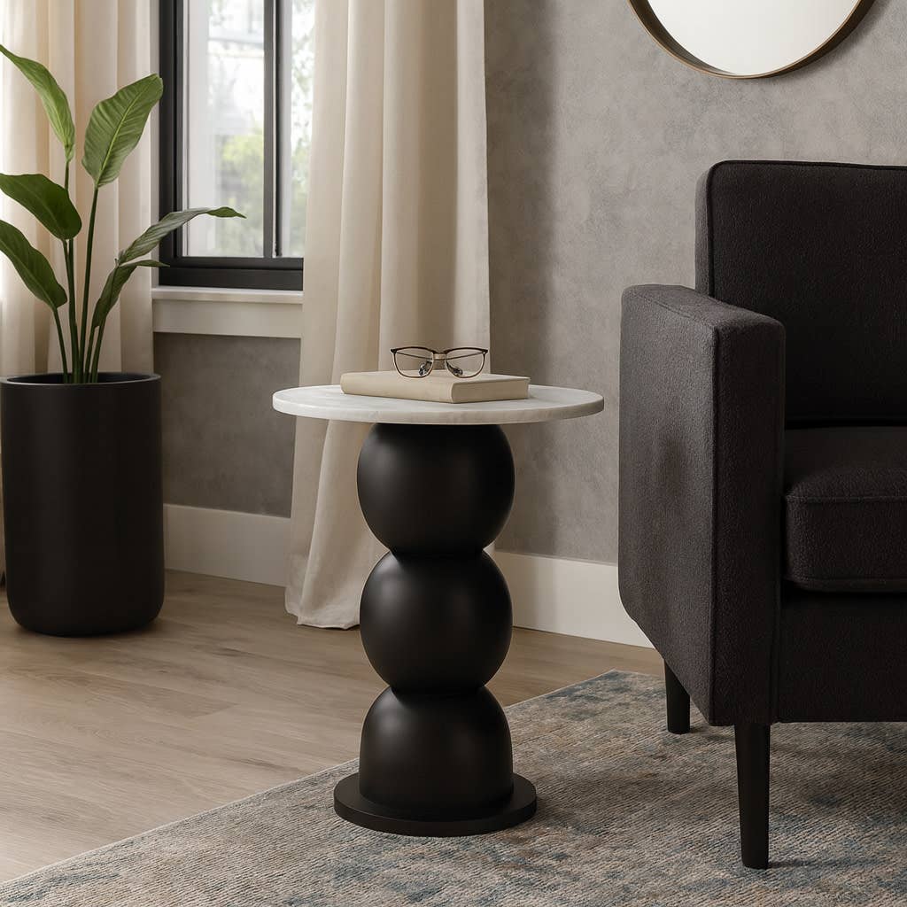 End Table - White Marble Top with Wooden Bubble Base, 21 in.