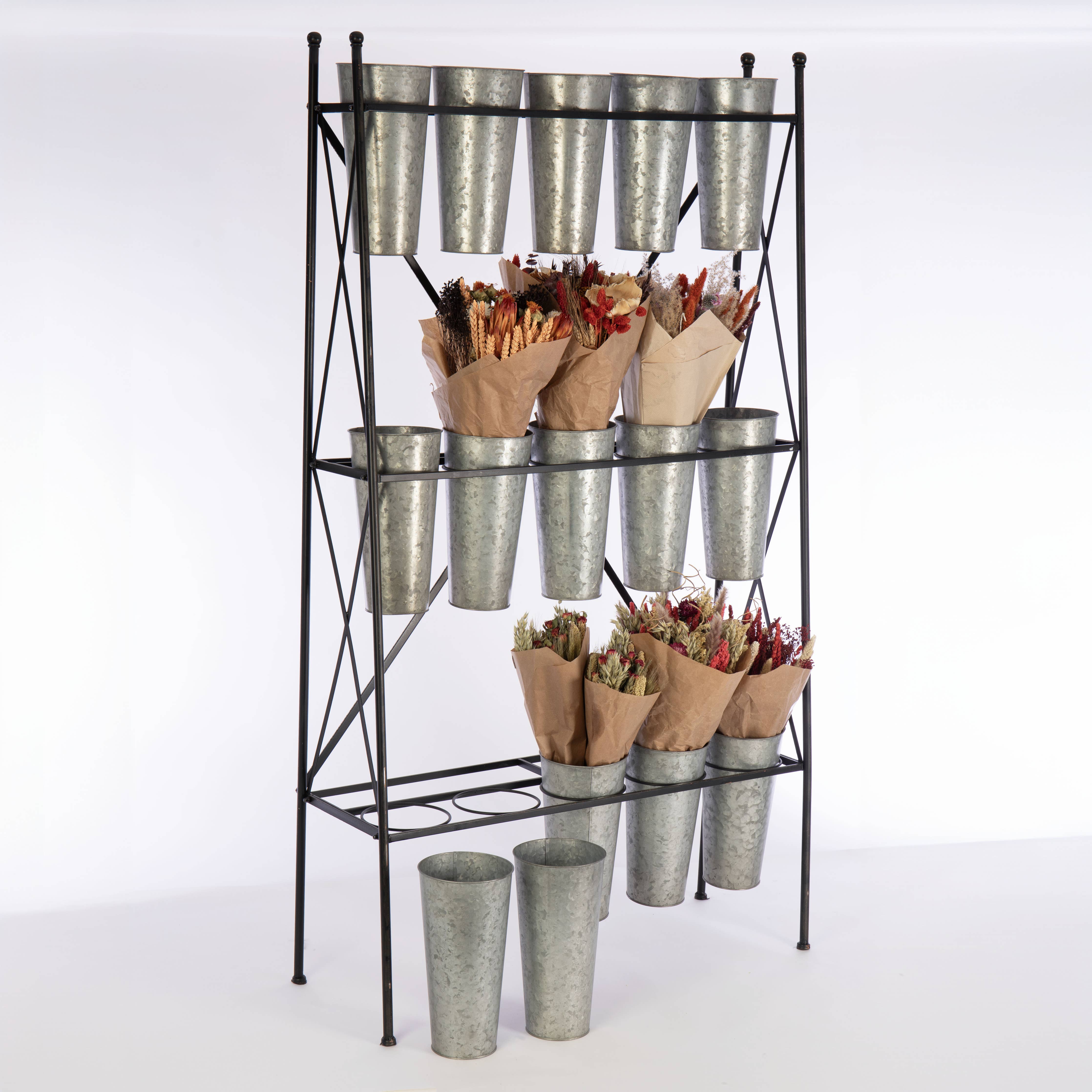 Knock Down Floral Metal Display with Buckets