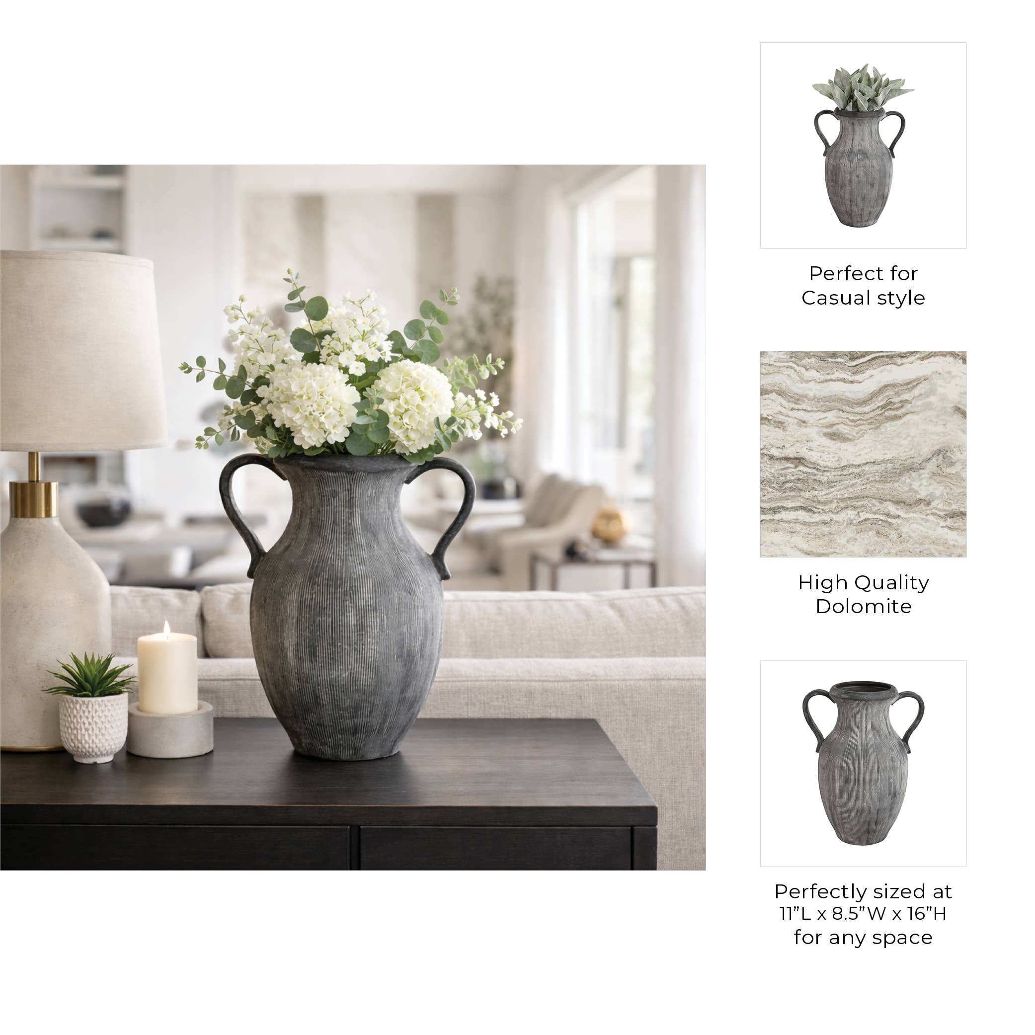 Dolomite Amphora Weathered Vase, 15"