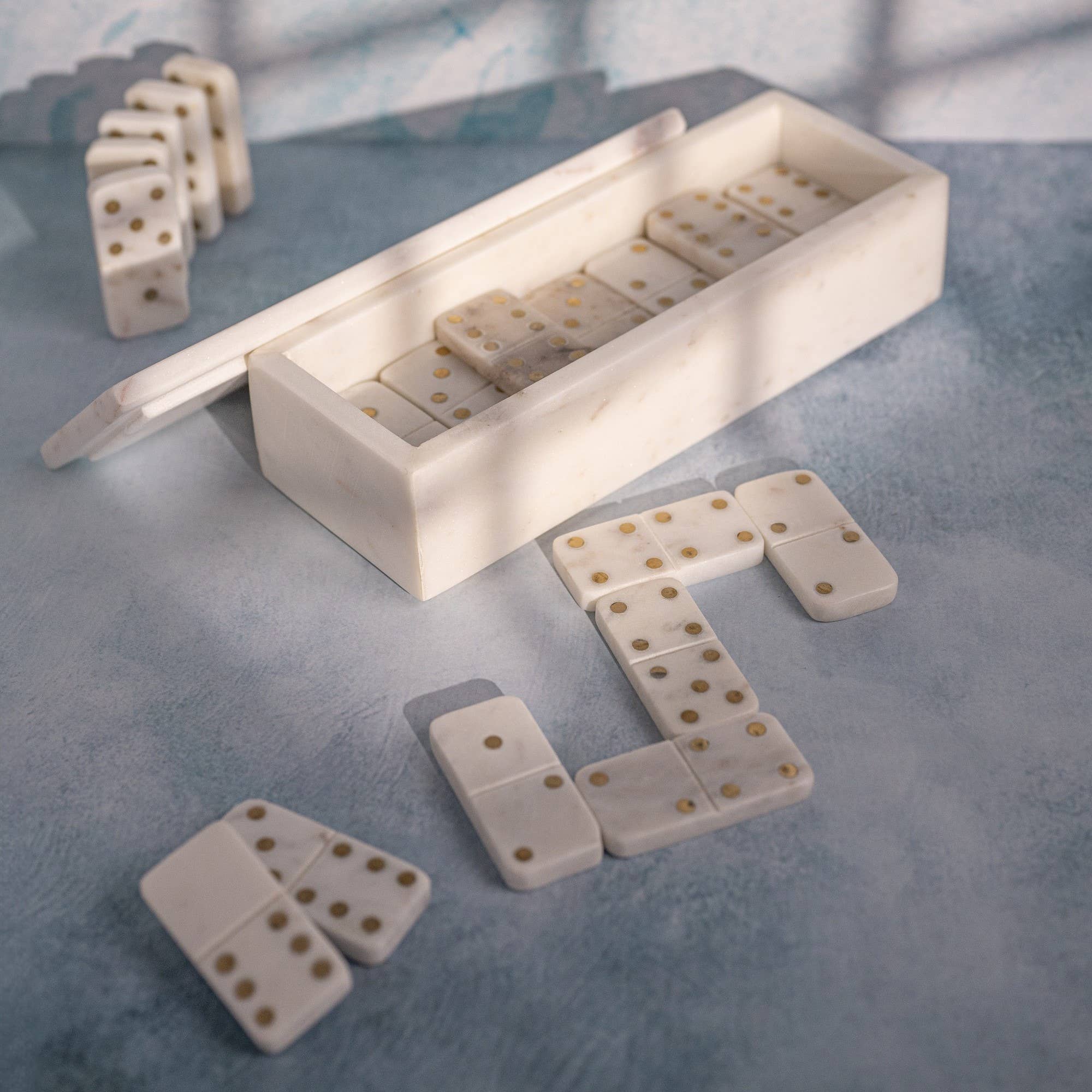 White Marble Dominoes Set W/Brass Dots Inlay
