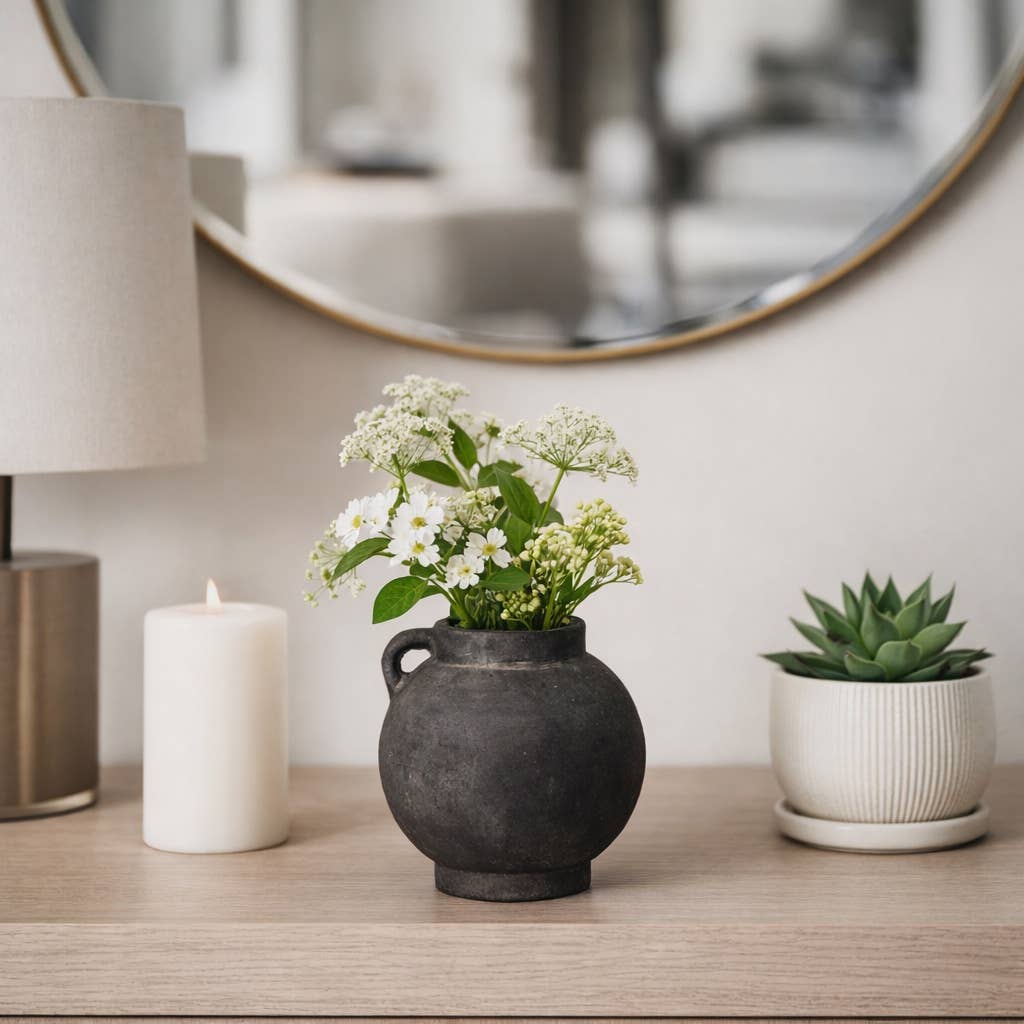 Brianna Bulbous Handle Vase - Black, 7 in.