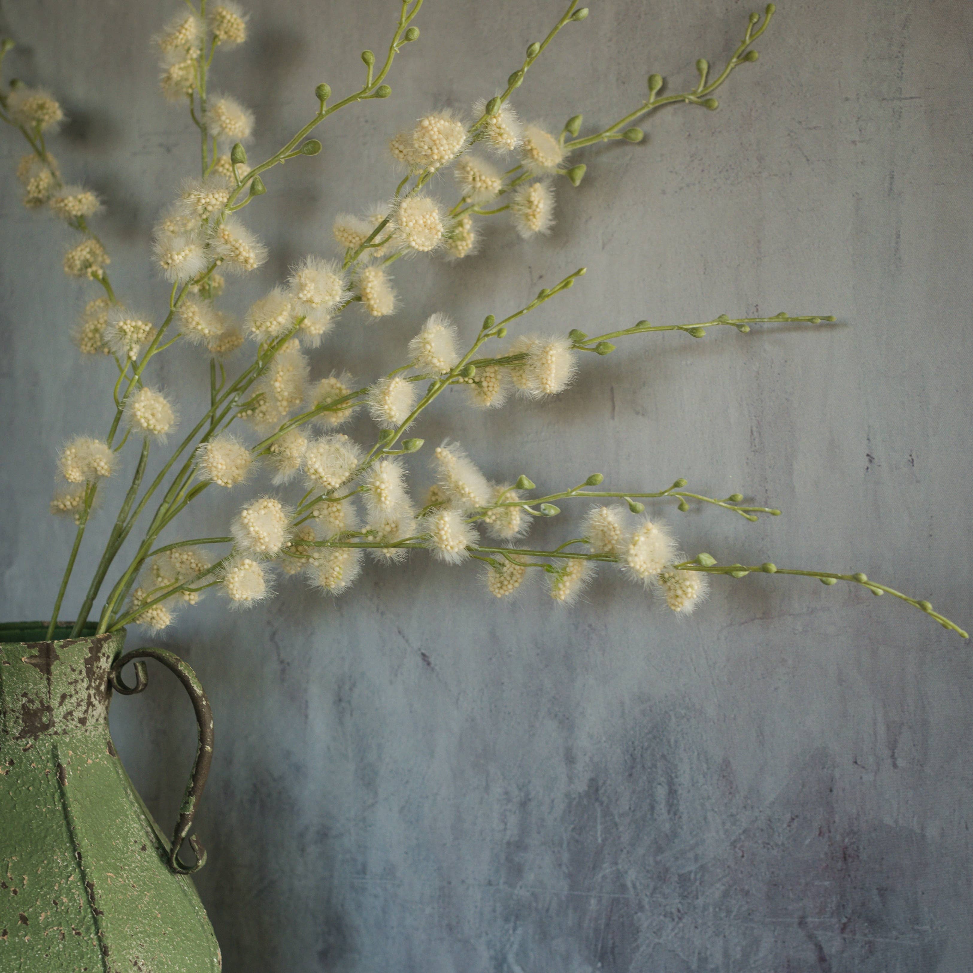 Cream & Green Fuzzy Flower Branch, 39.5"