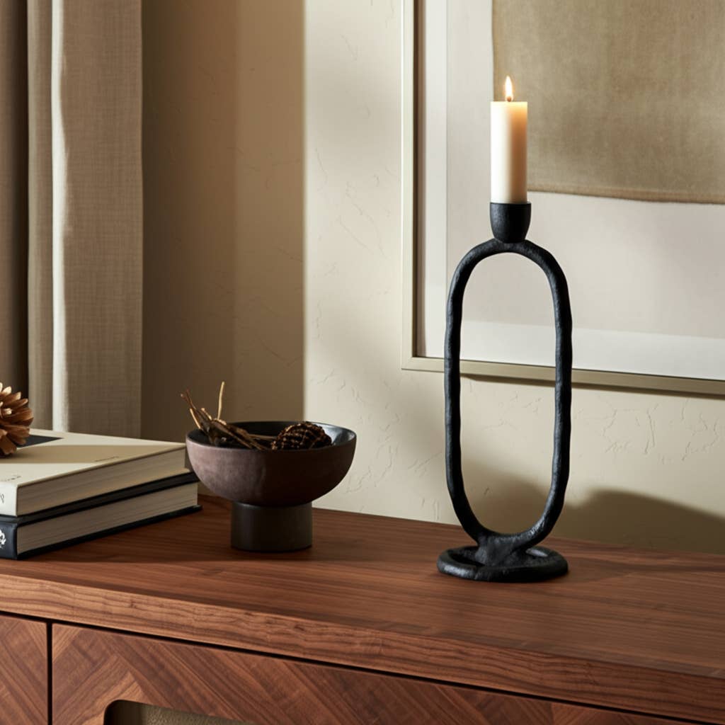 Metal Open Oval Base Taper Candle Holder - Black, 11 in.