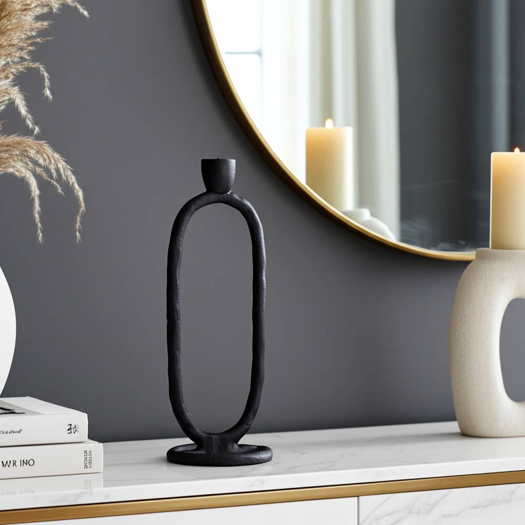 Metal Open Oval Base Taper Candle Holder - Black, 11 in.
