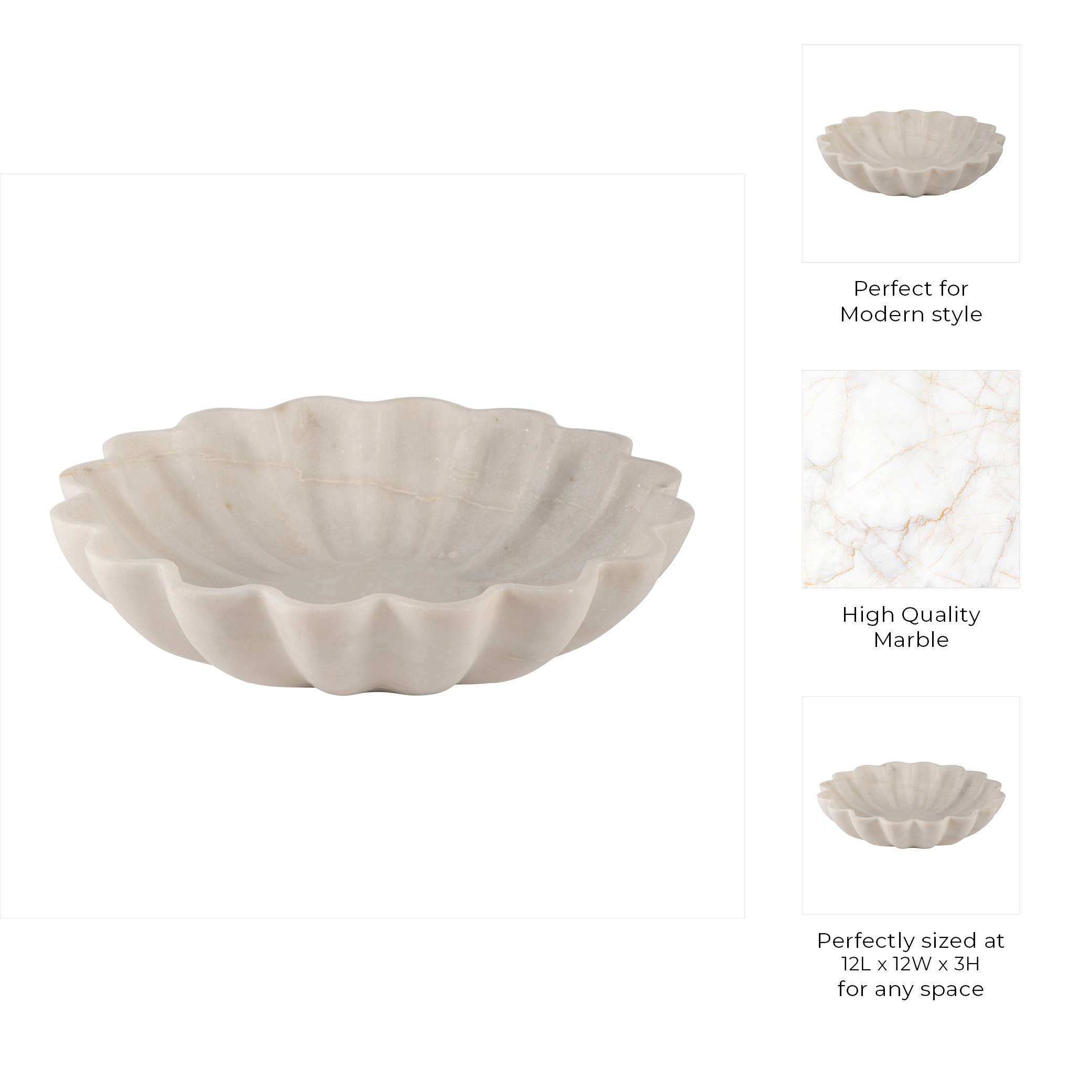 White Marble Veined Shell Bowl, 12"