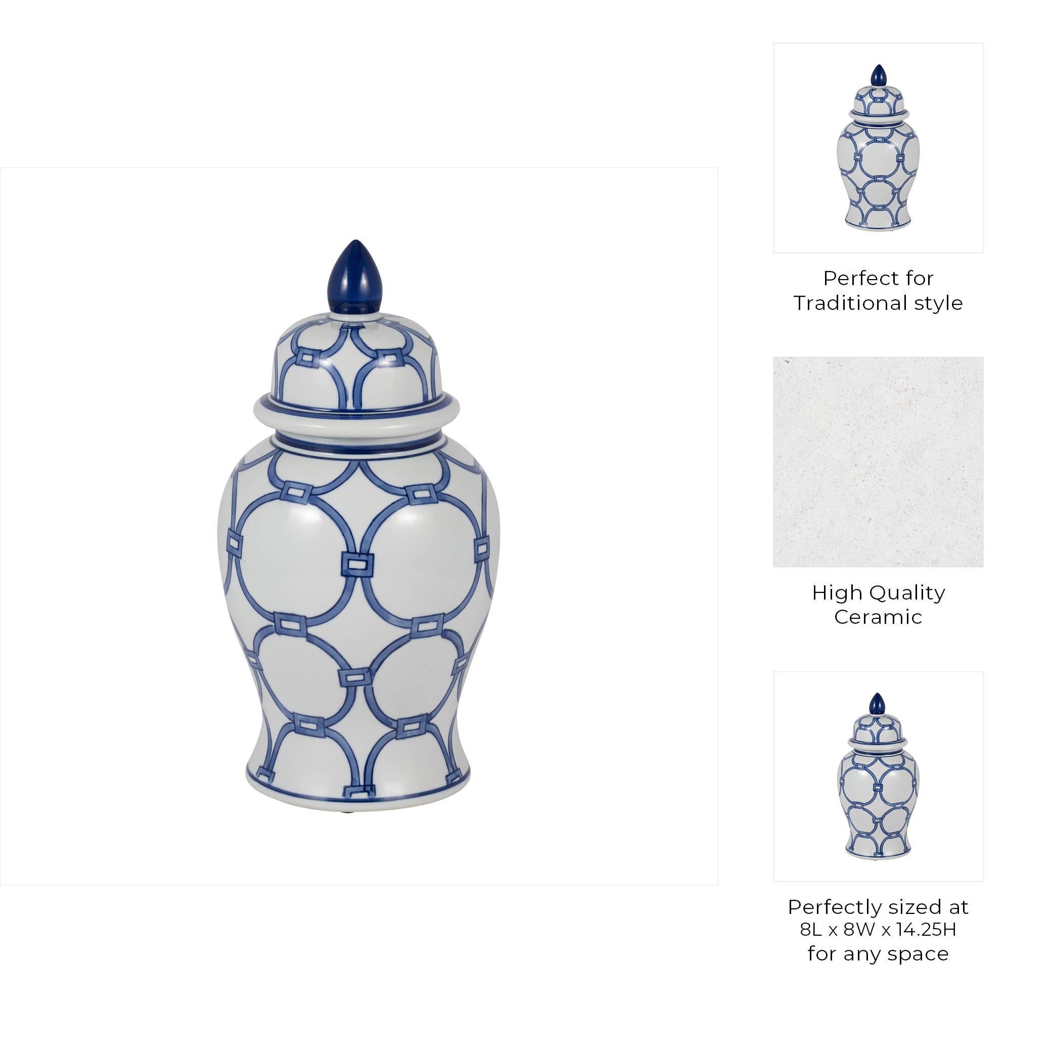 Maria Blue Lidded Decorative Temple Jar, 14"