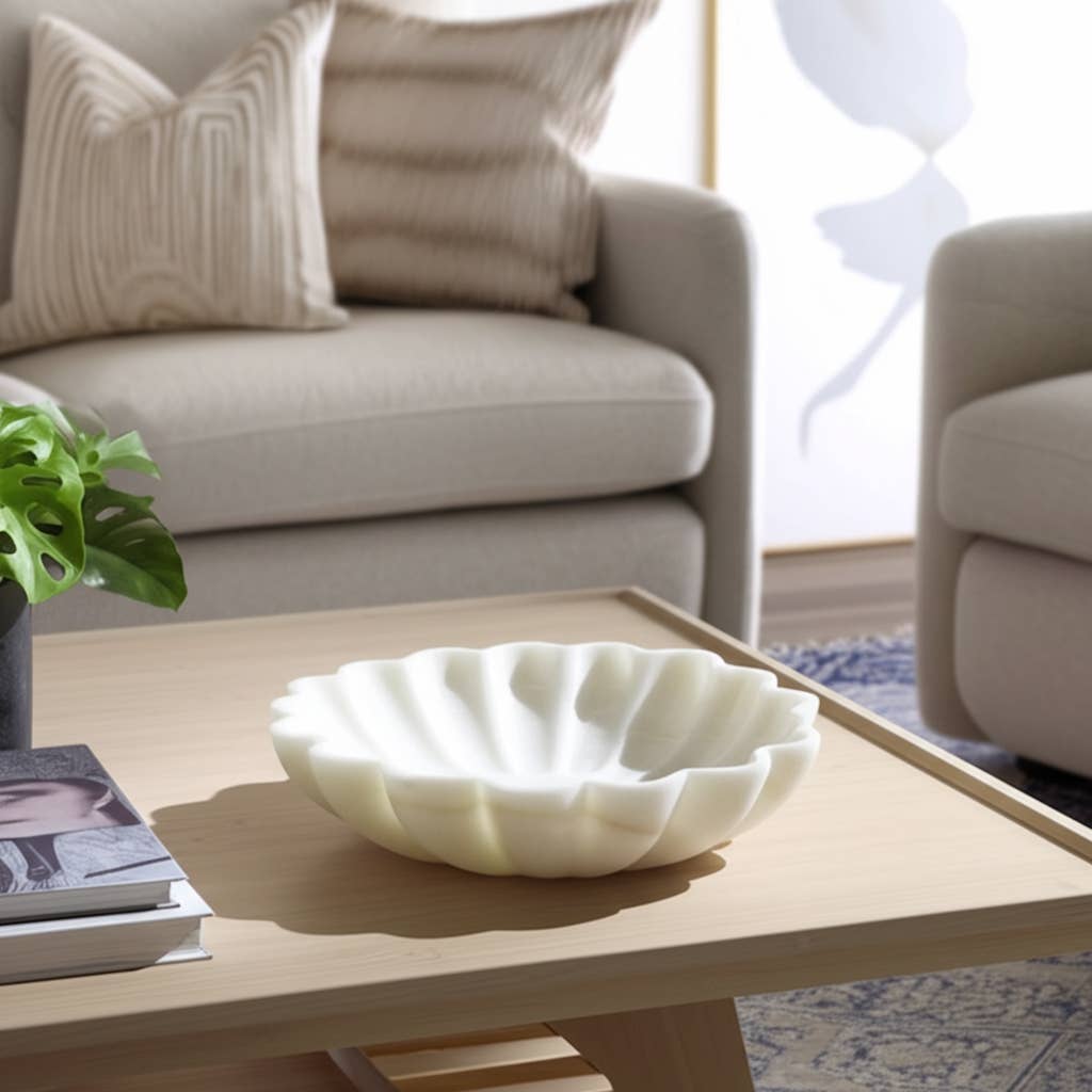 White Marble Veined Shell Bowl, 12"