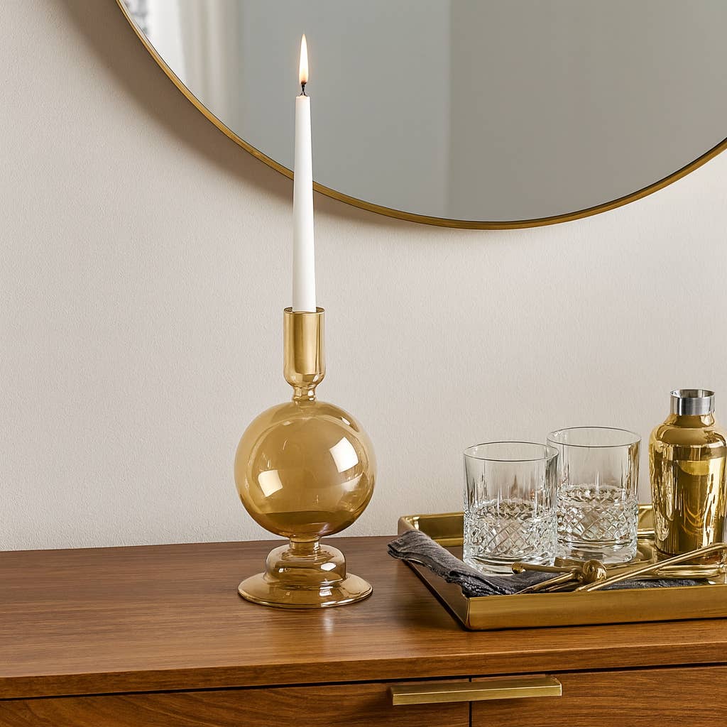 Gold Luster Glass Bubble Candle Holder, 7"