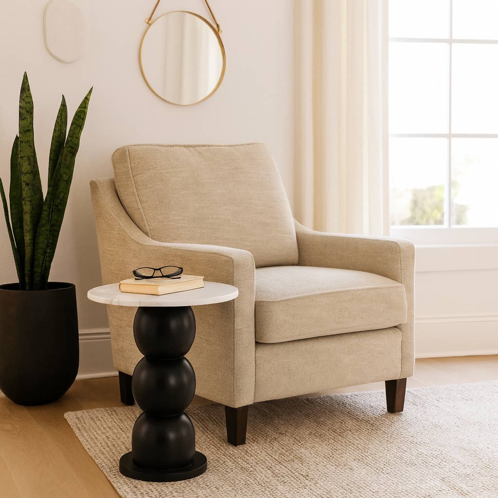 End Table - White Marble Top with Wooden Bubble Base, 21 in.