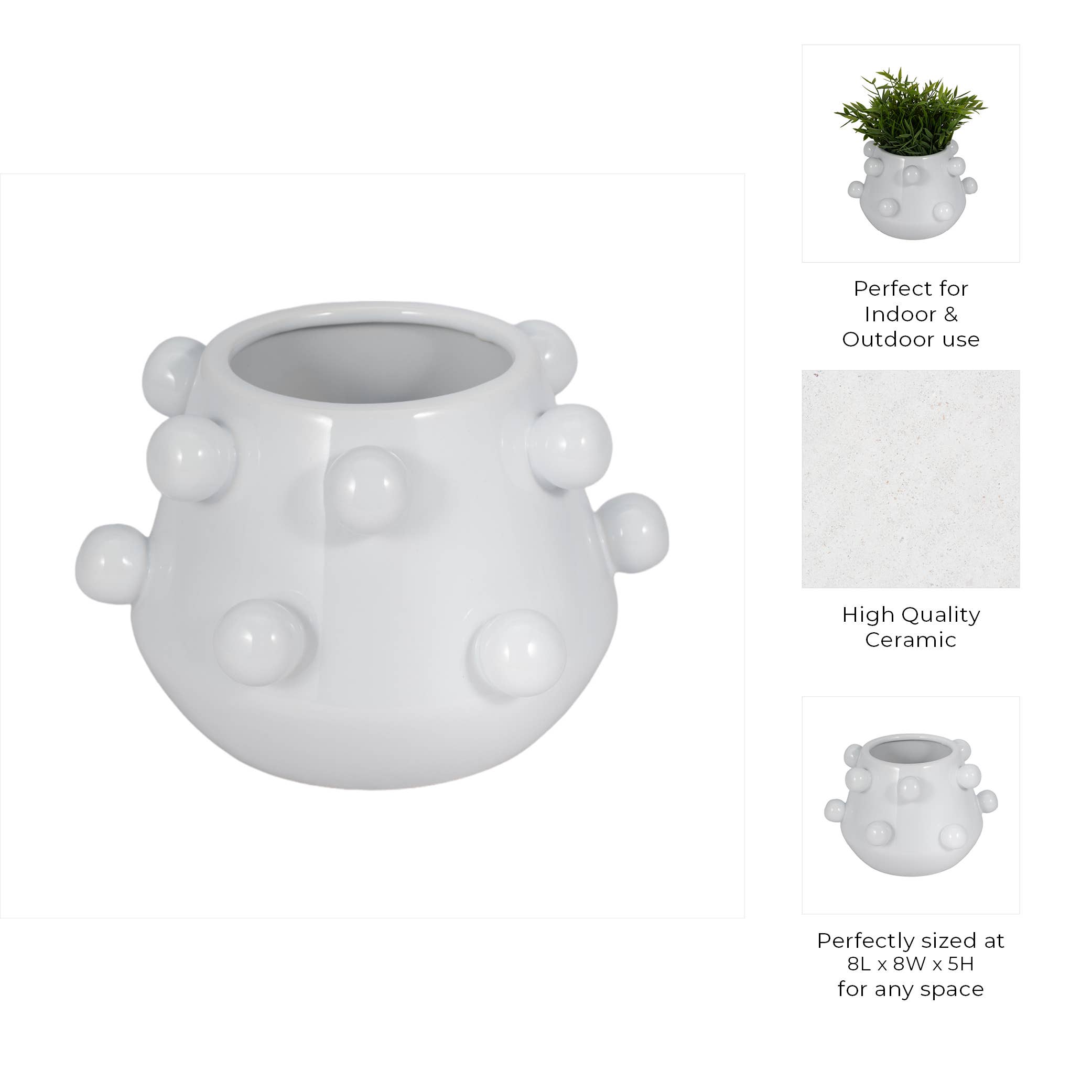 White Ceramic Tapered Bubble Planter, 8"