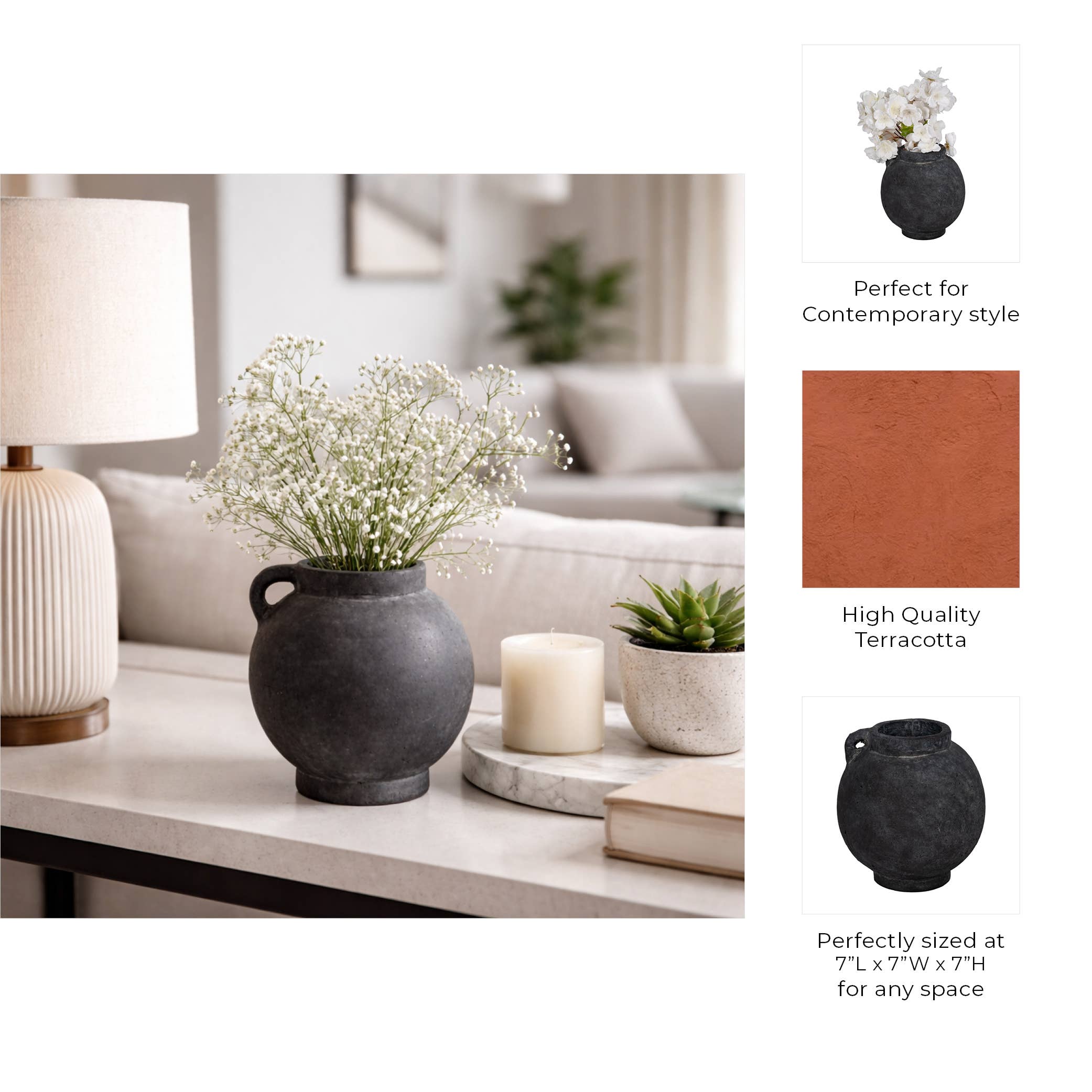 Brianna Bulbous Handle Vase - Black, 7 in.
