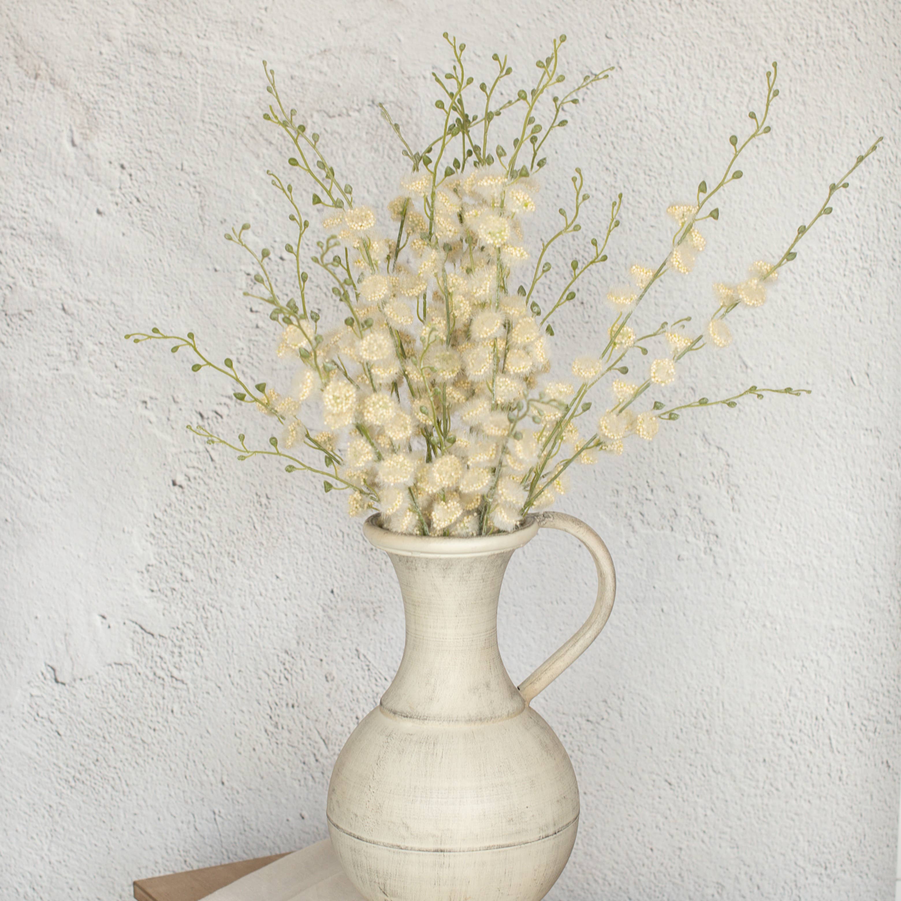 Cream & Green Fuzzy Flower Branch, 39.5"
