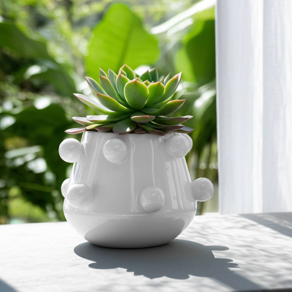 White Ceramic Tapered Bubble Planter, 8"
