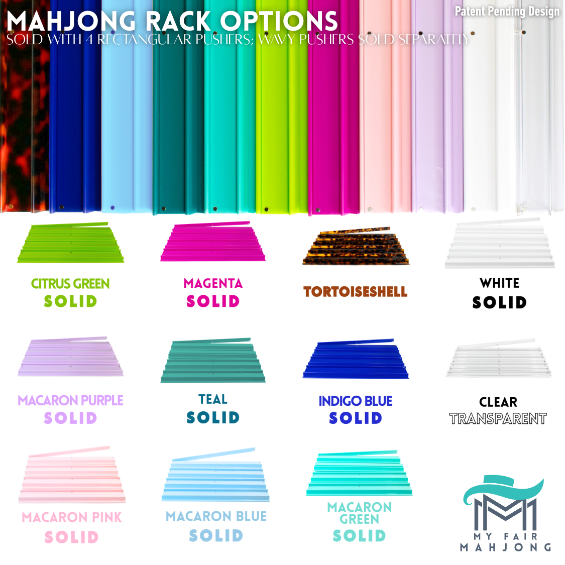 MAHJONG RACKS | Premium Acrylic | 4 Racks + 4 Pushers: Solid White