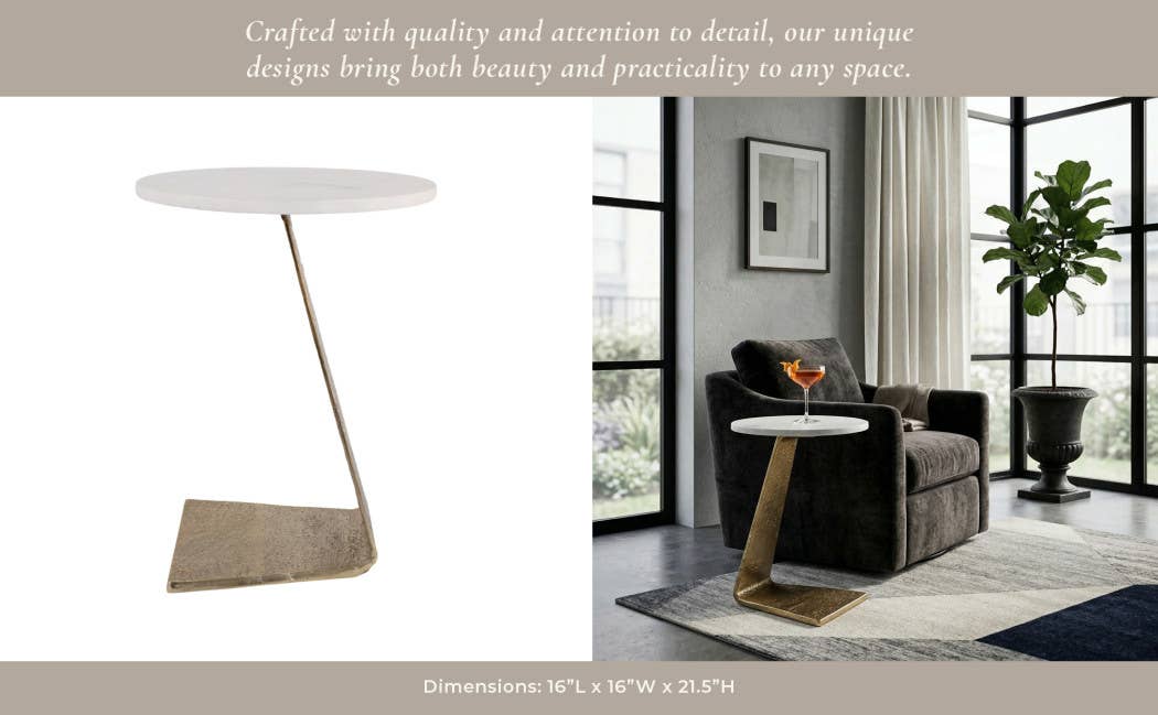 Sally - White/Gold Marble Top with Slanted Base Side Table, 21 in.