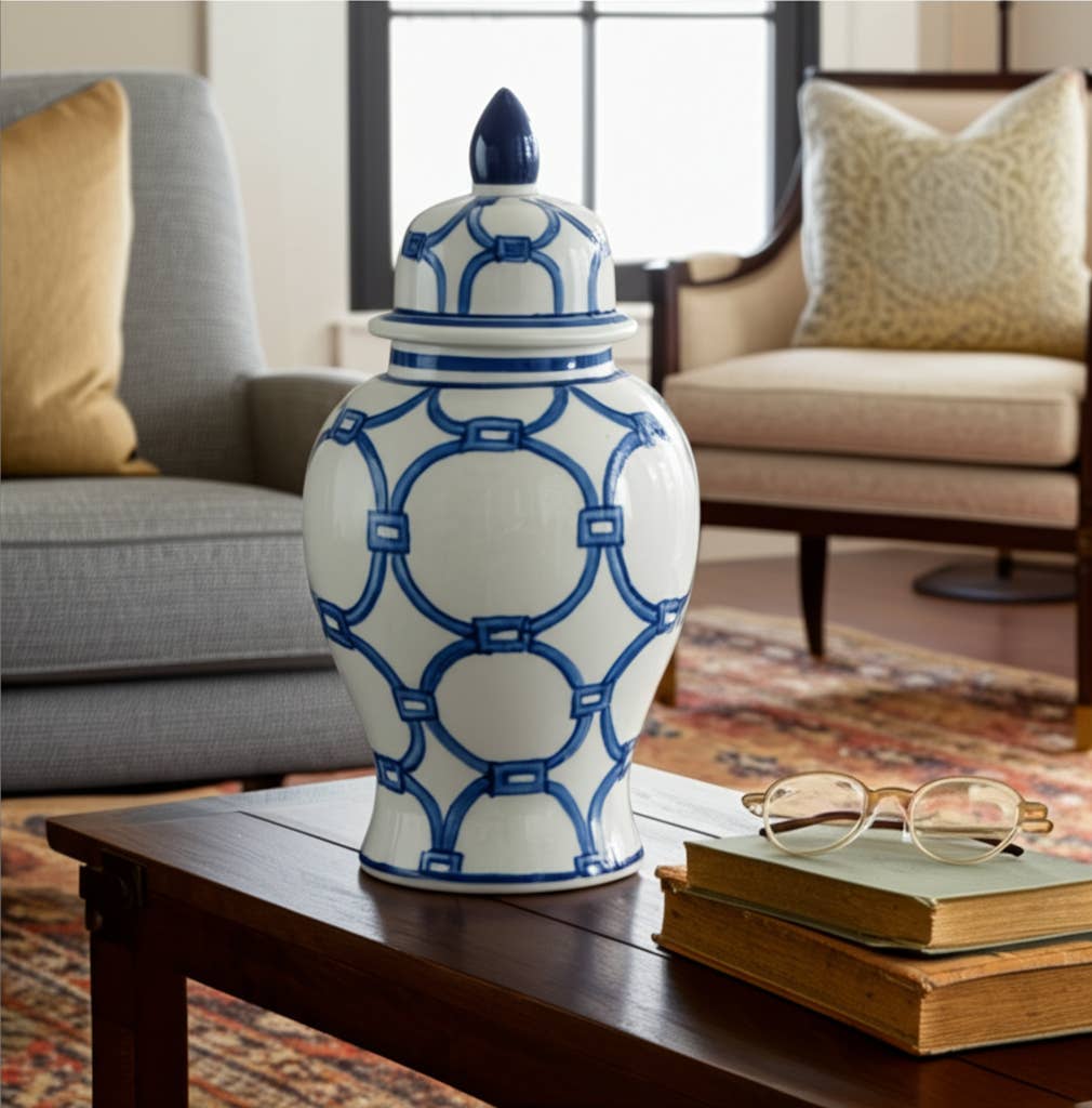 Maria Blue Lidded Decorative Temple Jar, 14"