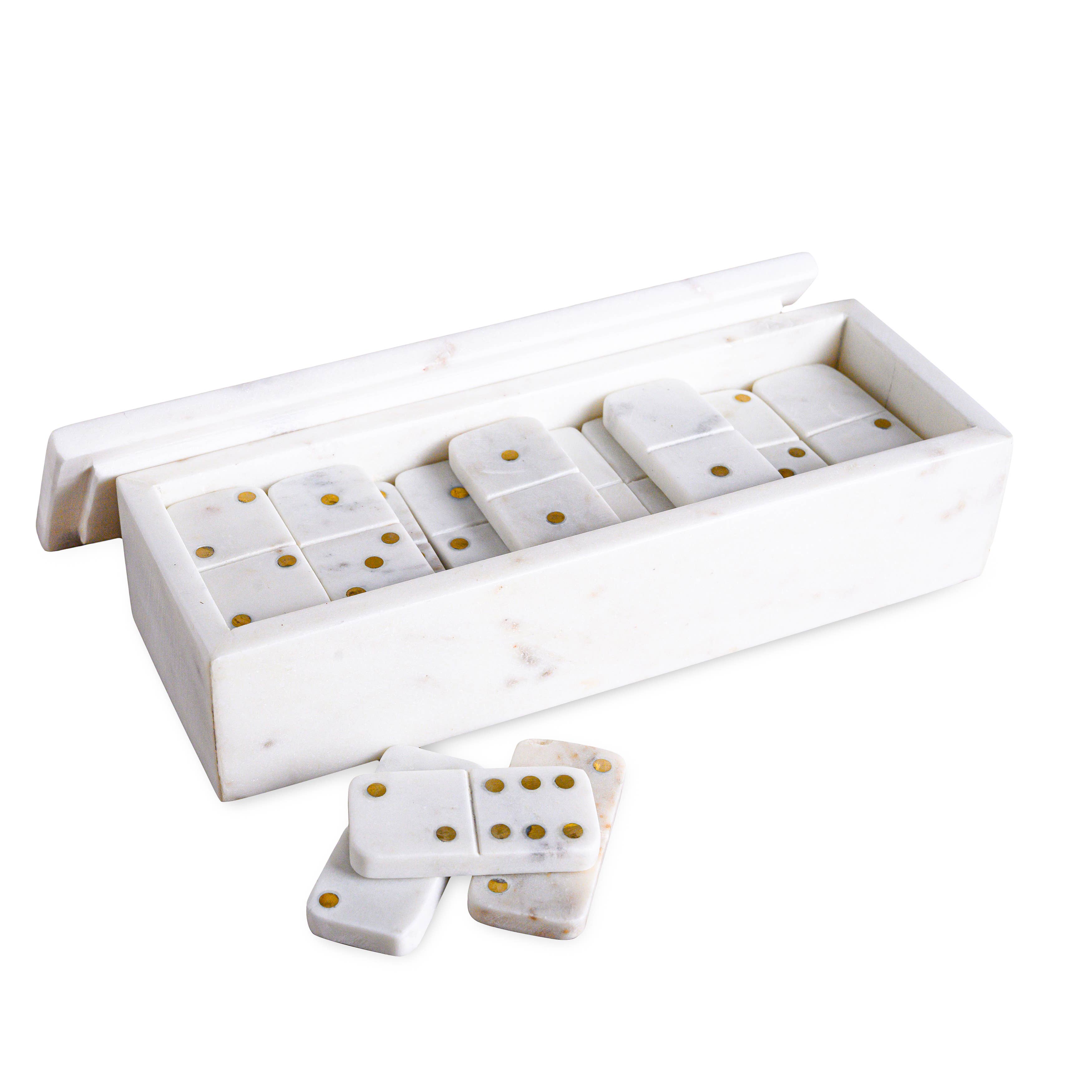 White Marble Dominoes Set W/Brass Dots Inlay