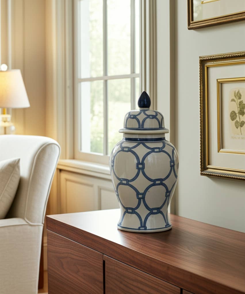 Maria Blue Lidded Decorative Temple Jar, 14"