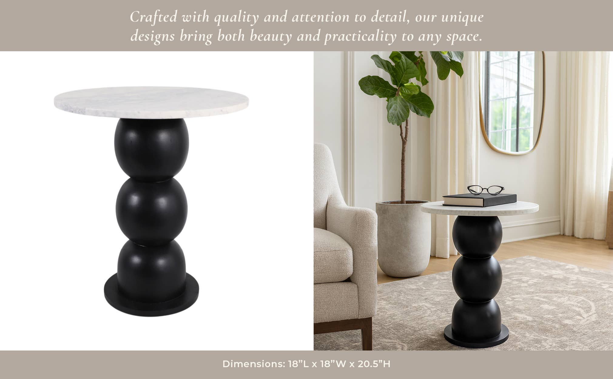 End Table - White Marble Top with Wooden Bubble Base, 21 in.