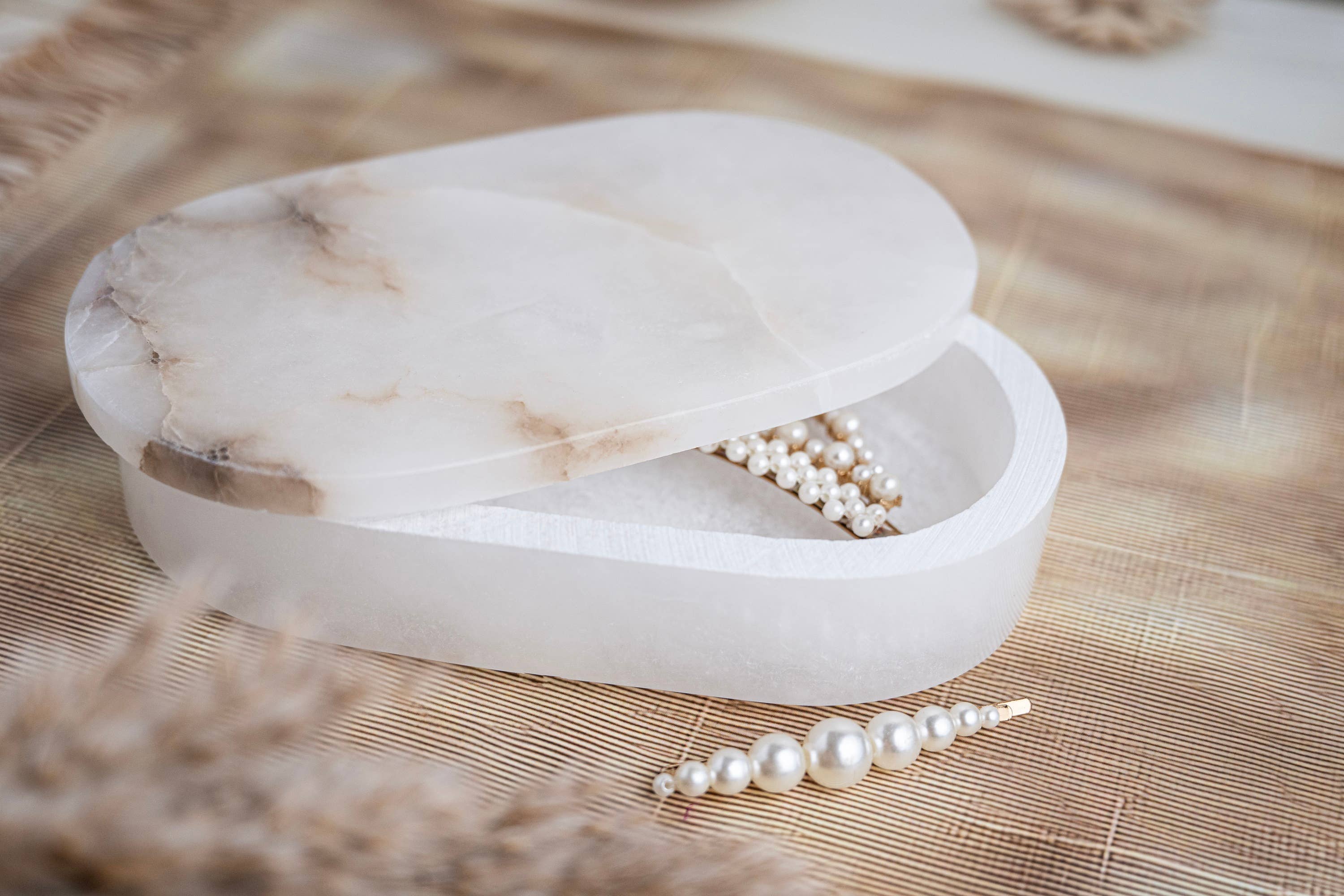 White Alabaster Oval Display Box, 7"x4"x1.5"