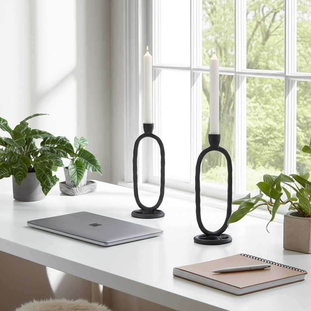Metal Open Oval Base Taper Candle Holder - Black, 11 in.