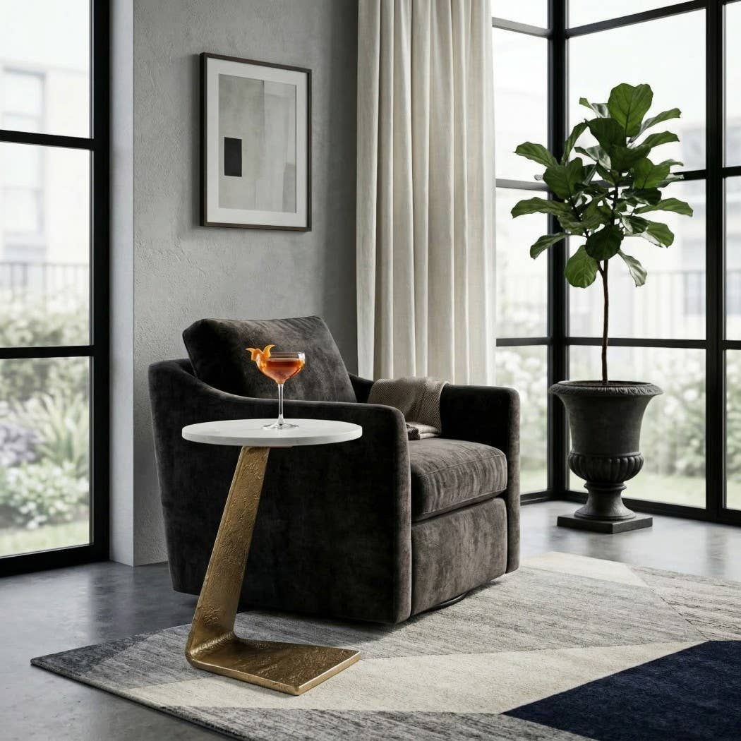 Sally - White/Gold Marble Top with Slanted Base Side Table, 21 in.