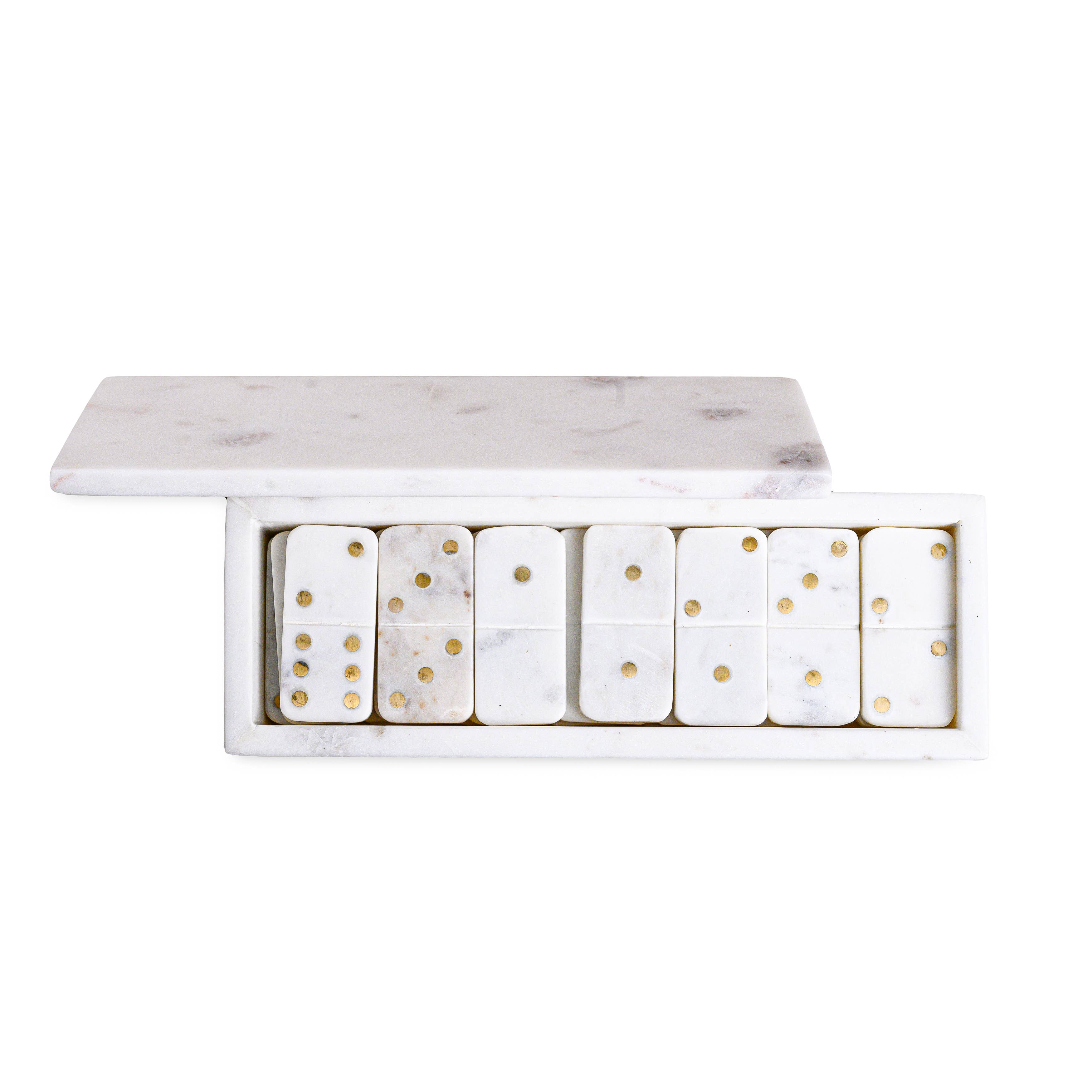 White Marble Dominoes Set W/Brass Dots Inlay